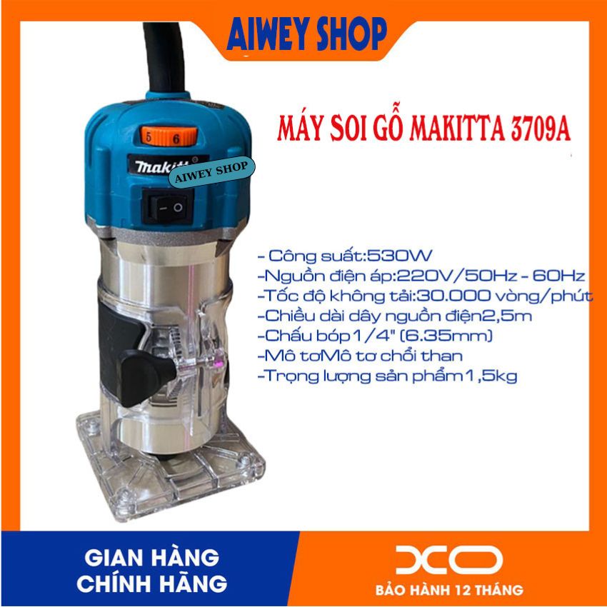 Máy soi gỗ cầm tay makita dùng điện, máy phay gỗ soi cạnh viền, mài góc, cắt xén model 3709A