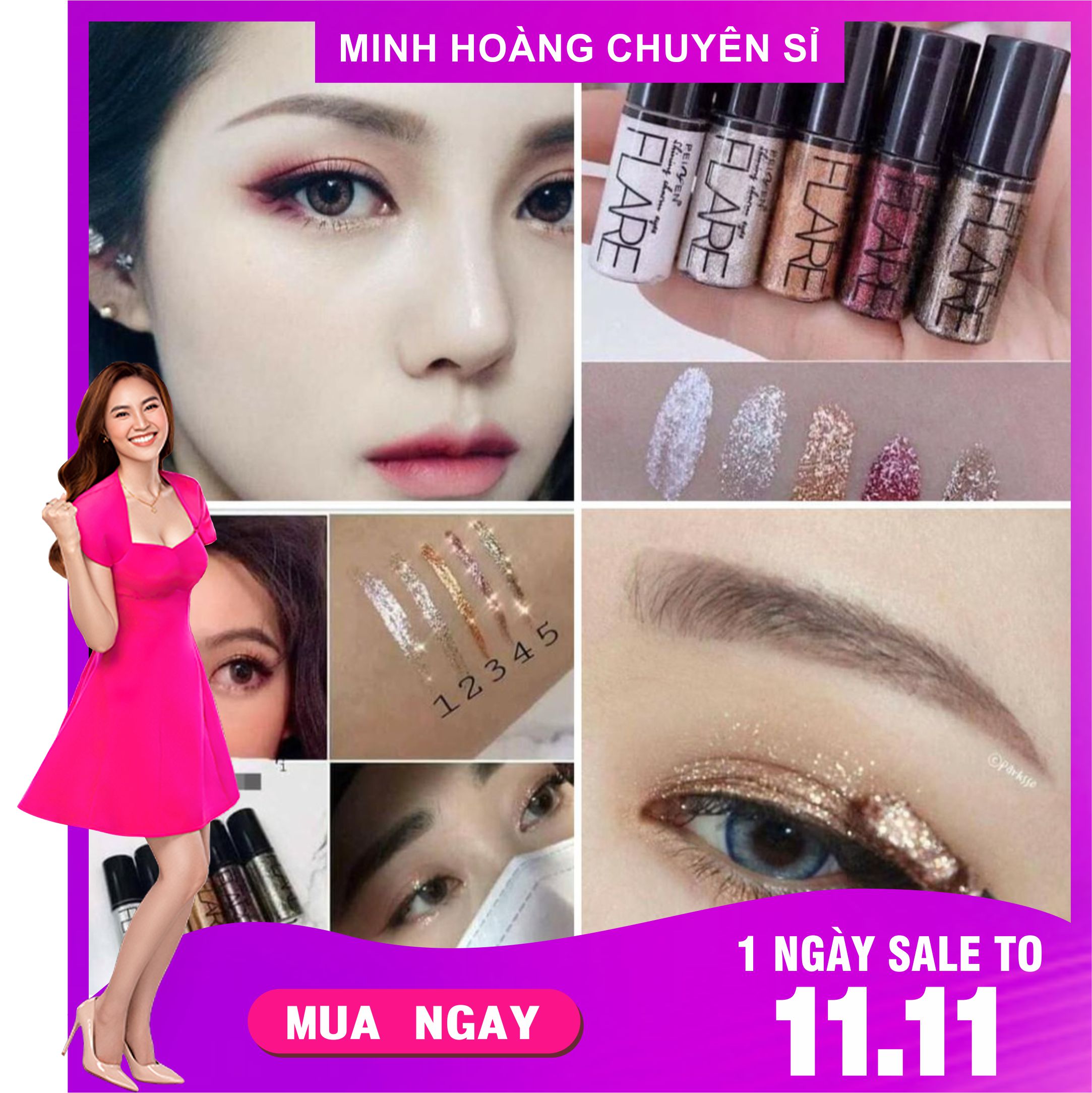 Combo tách Set 5 màu nhũ mắt kim tuyến Peiyen Flare siêu hot dành cho các nàng