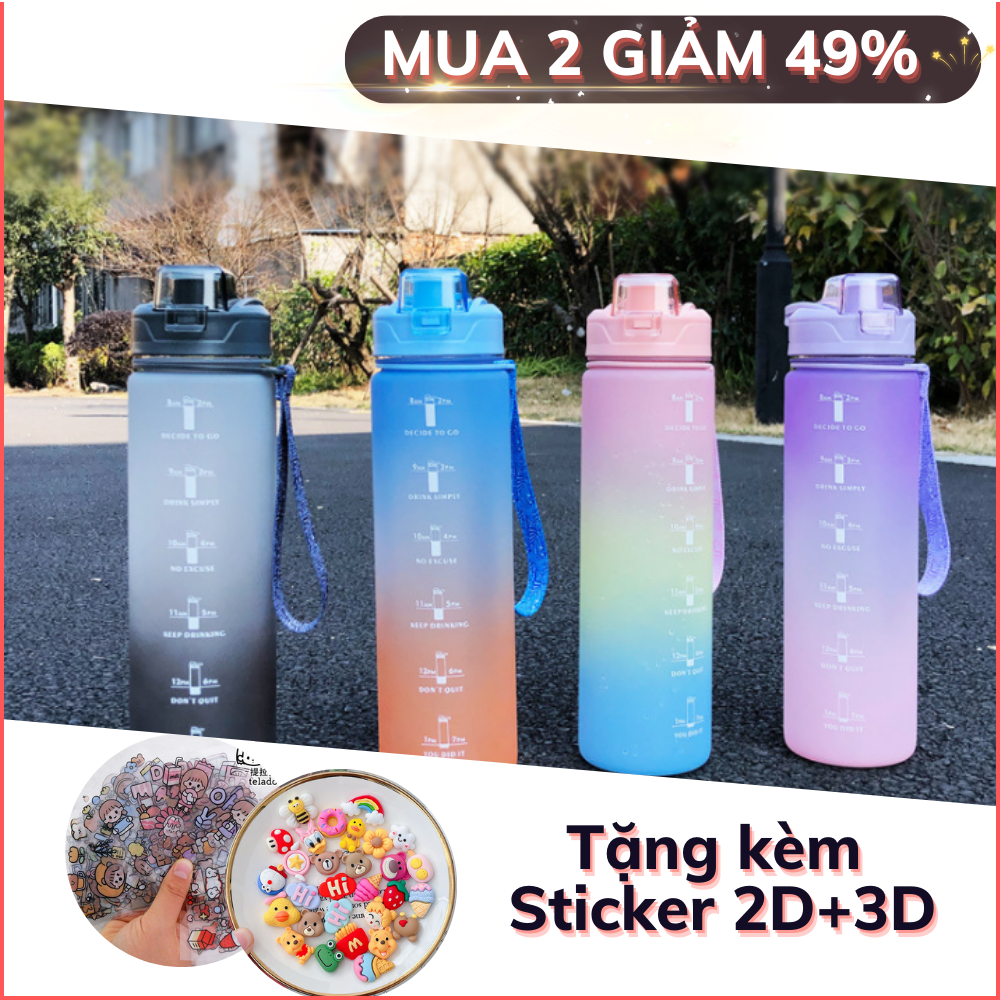 Bình nước  thể thao 1 lít tặng sticker 2D+3D, bình đựng nước có vạch báo uống nước có sẵn ống hút nhỏ gọn, bình nước tập gym