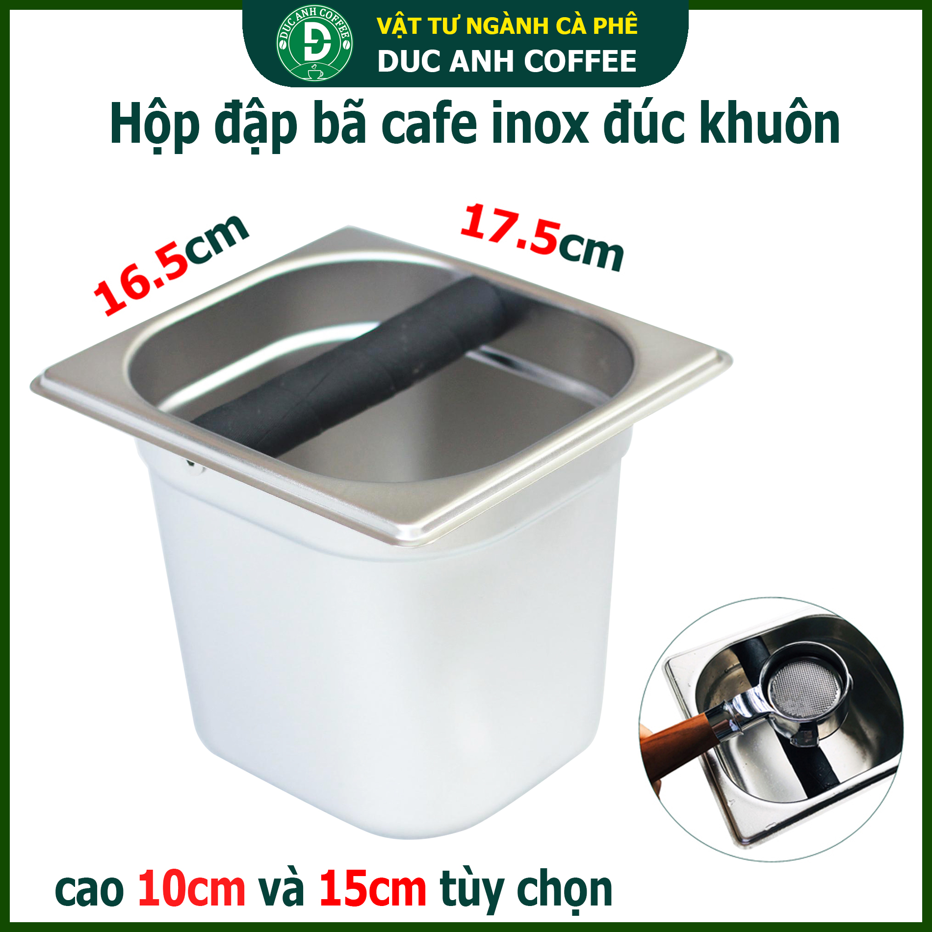 Hộp đựng bã cà phê ( hộp đập bã cafe) chuyên dụng pha máy hoặc pha phin sang trọng inox thép không gỉ toàn bộ bằng khuôn đúc- DUC ANH COFFEE