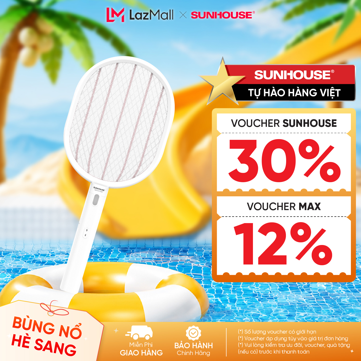 Vợt muỗi Sunhouse SHE-EECVM27 - Tích hợp đèn pin chiếu sáng - Chống giật an toàn - Pin Lithium 500mAH