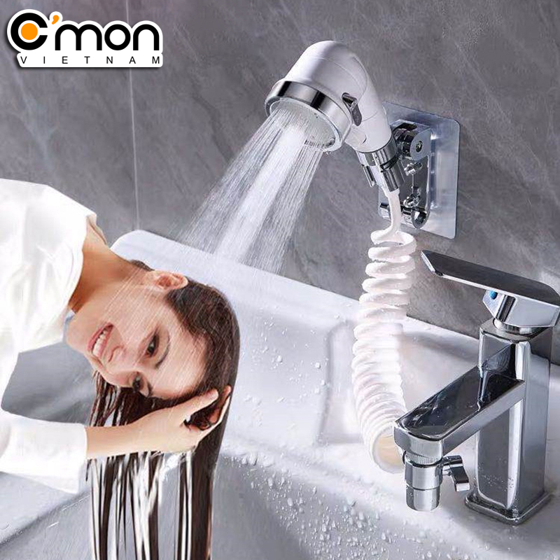 Combo Bộ tay sen tăng áp có nút khóa nước, với 3 chế độ nước C'mon TS-07 + phụ kiện nối vòi lavabo C'mon AO-01