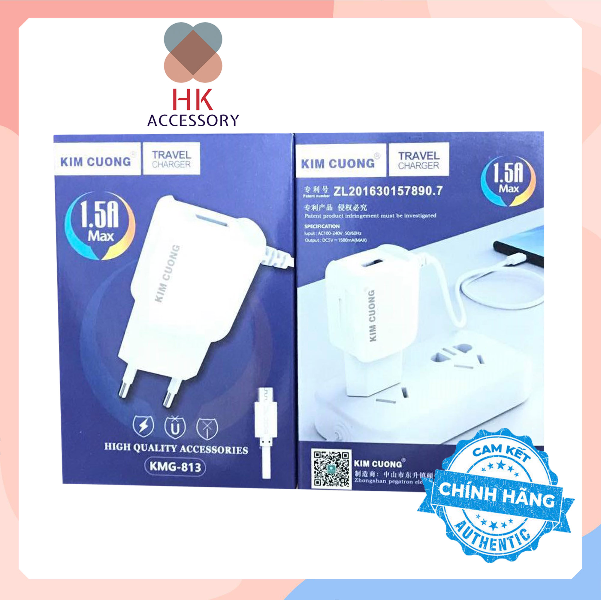 Bộ sạc KIM CƯƠNG KMG 813 Liền dây Chuẩn Micro USB + 01 cổng USB Hàng chính hãng