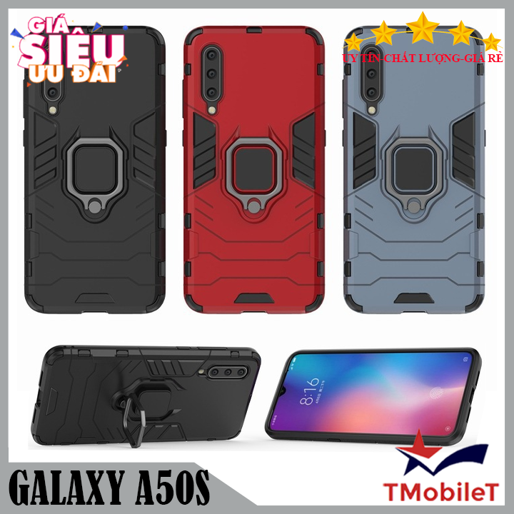 Ốp lưng Samsung Galaxy A50s chống sốc Iron Man gắn giá đỡ iring hỗ trợ xem video, chống va đập mạnh - Màu Đen