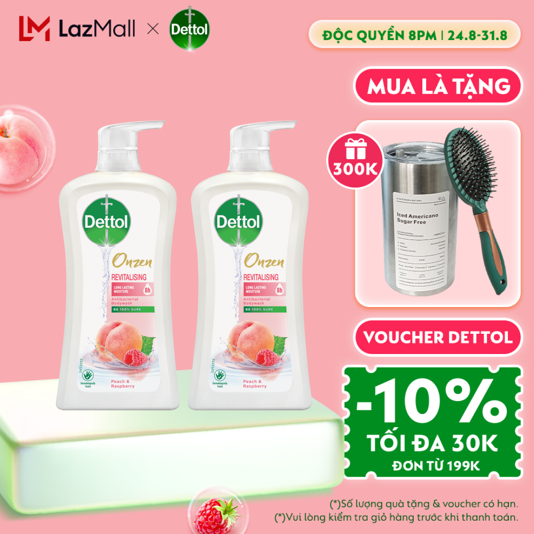 Combo 2 sữa tắm Dettol Onzen kháng khuẩn dưỡng ẩm đào & phúc bồn tử - Chai 950g
