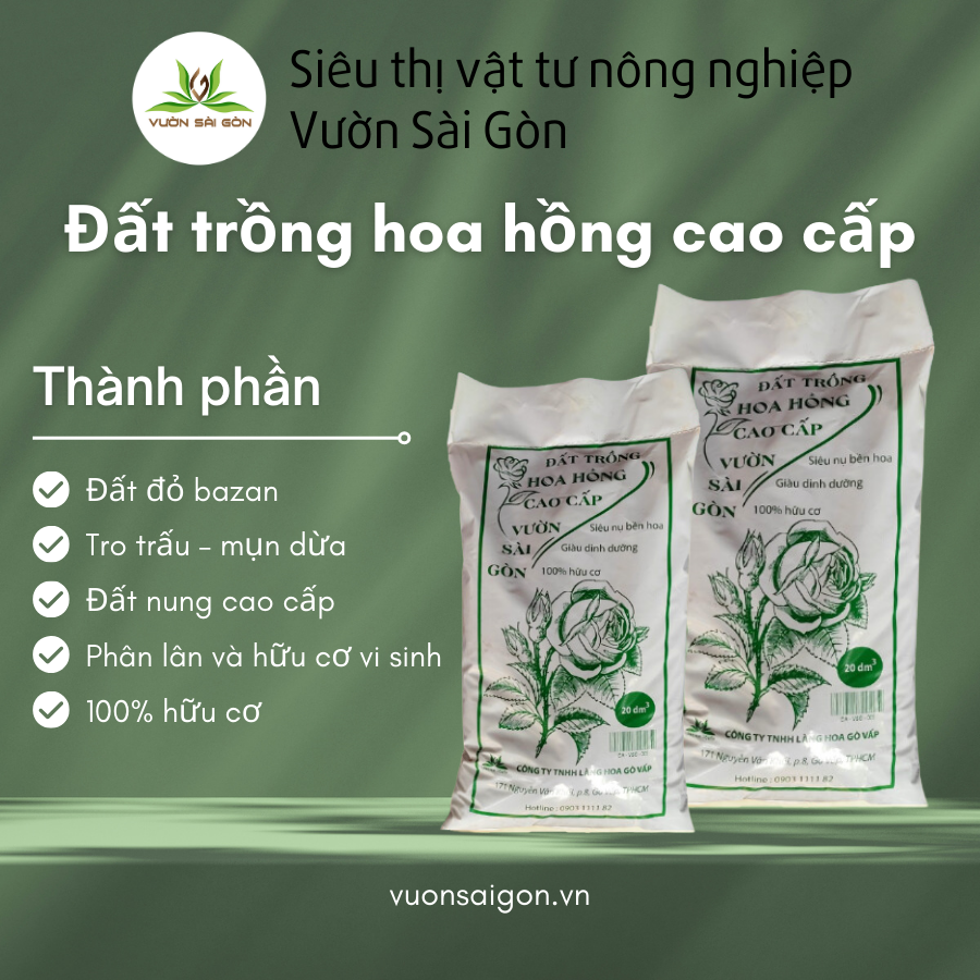 Đất trồng hoa hồng cao cấp Vườn Sài Gòn 20dm3 100% hữu cơ (8kg) siêu nụ, bền hoa, sạch mầm bệnh (Vườn Sài Gòn)