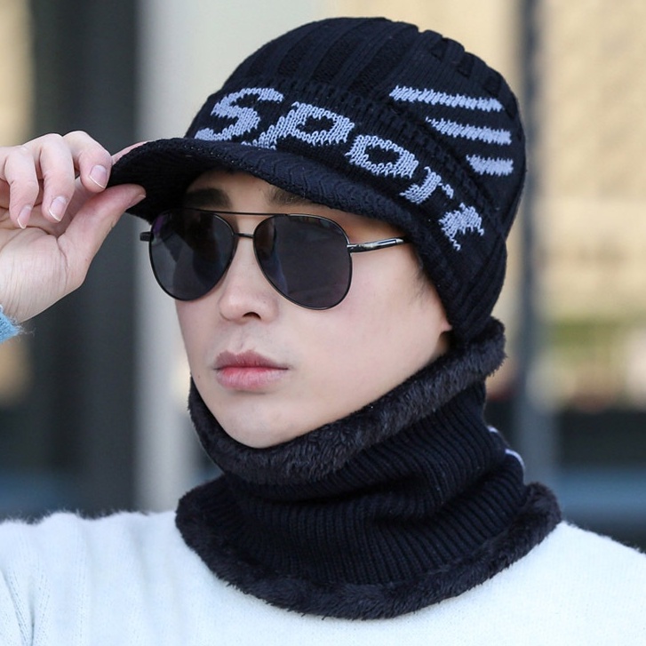 Mũ len kèm khăn quàng cổ nam nữ YONA nón len lưỡi trai nam nữ trùm đầu mùa đông chất liệu len cao cấp