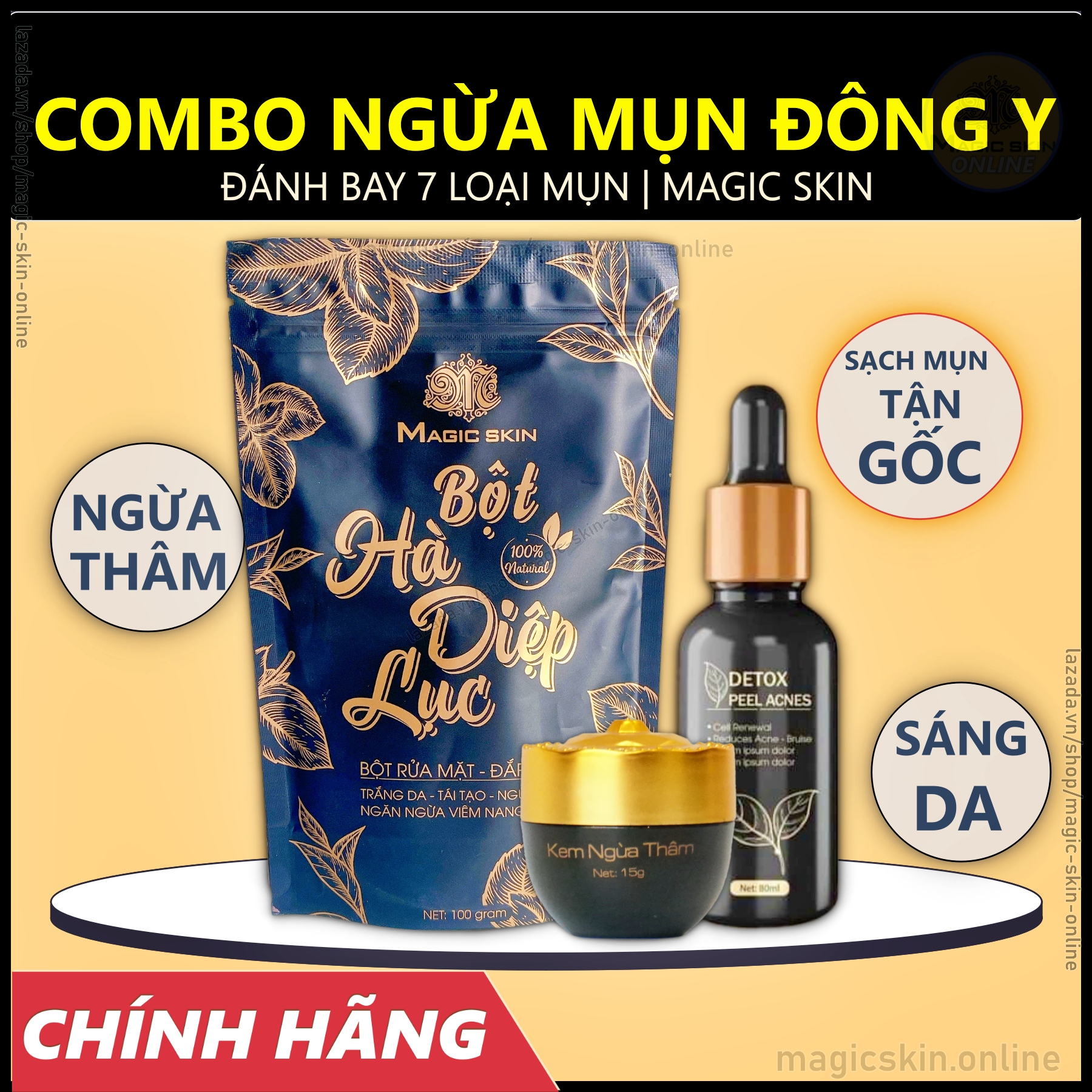 COMBO Ngừa mụn đông y MAGIC SKIN 👍 Tinh chất ngừa mụn, bột Hà Diệp Lục, Kem ngừa thâm ✔ CHÍNH HÃNG