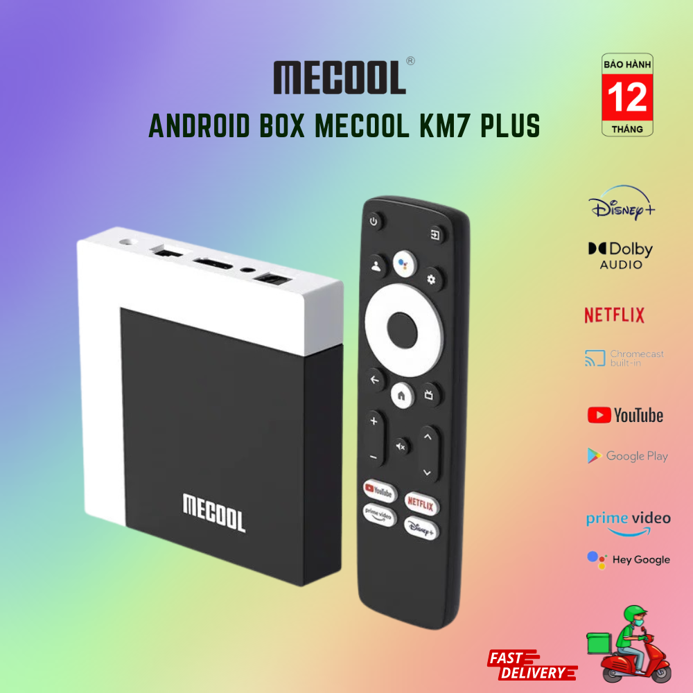 Android tv box mecool km7 plus 2023, cpu s905y4, ram 2gb, rom 16gb, remote voice, google tv, netflix chính chủ