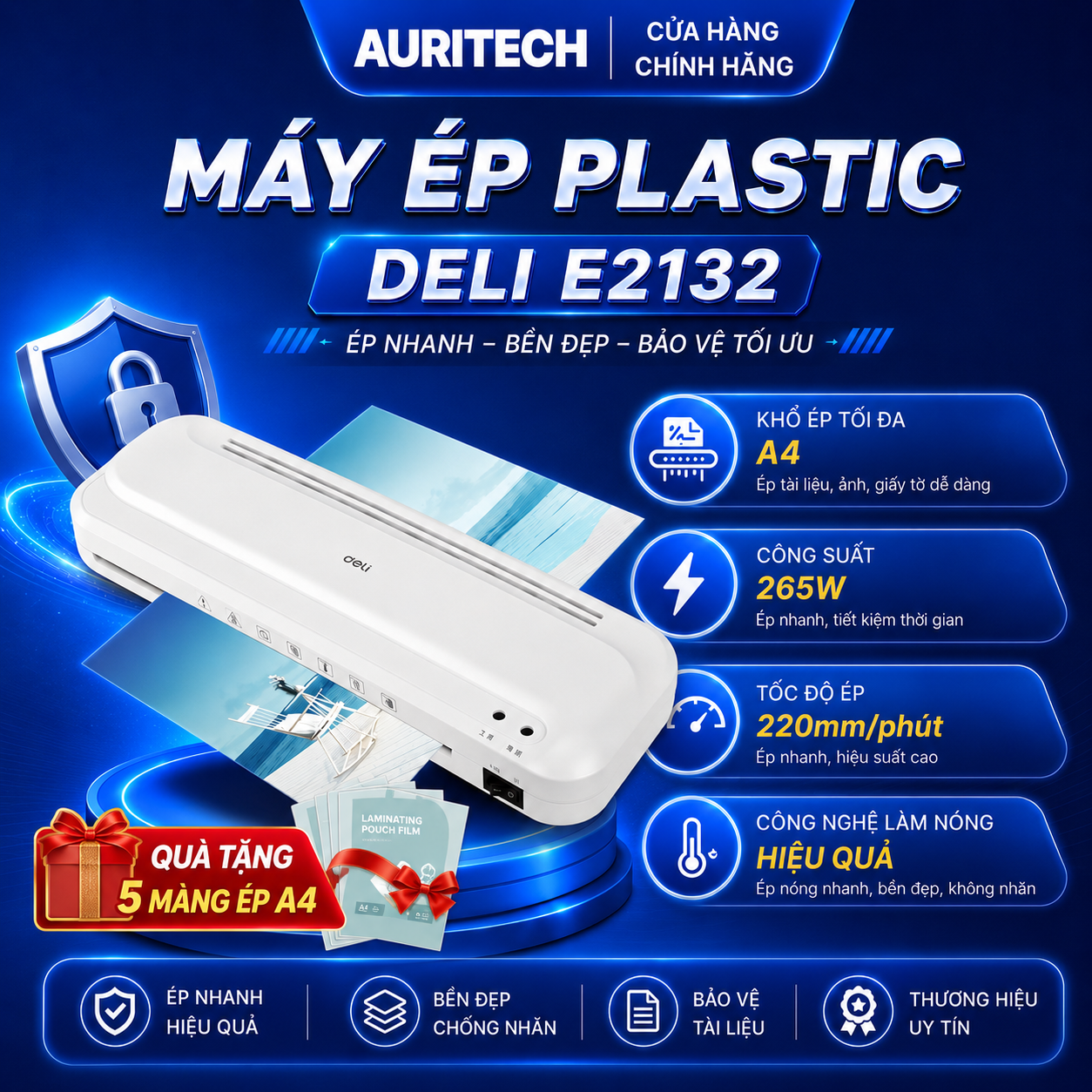 Máy Ép Plastic Deli E2132 Khổ A4, Máy Ép Nhiệt Nhựa Dẻo, Máy Cán Màng Ảnh, Tài Liệu, Bằng Khen