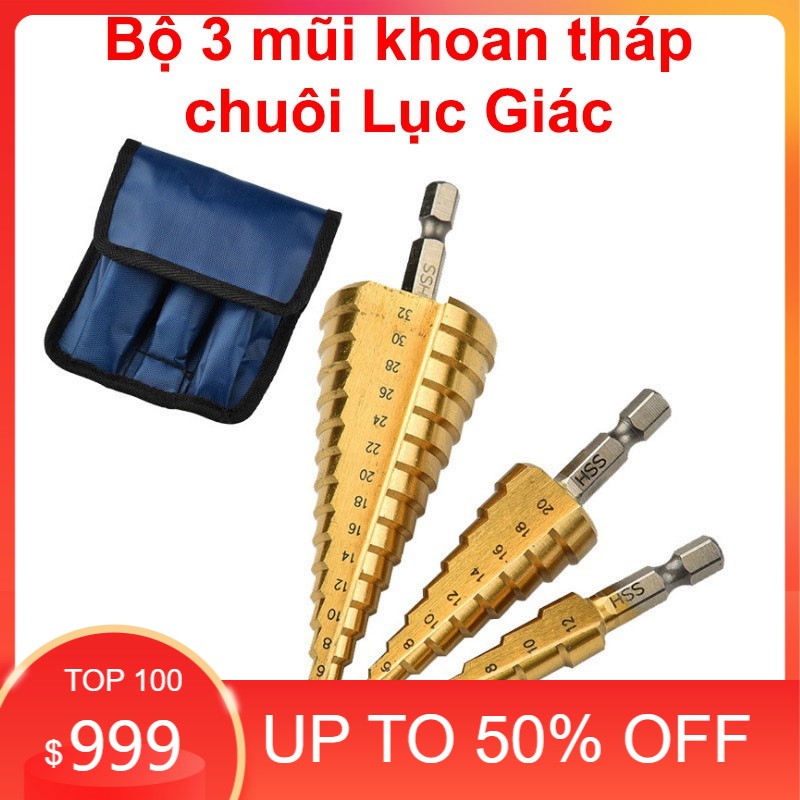 Bộ 3 mũi khoan tháp hss mạ titan chuôi lục giác
