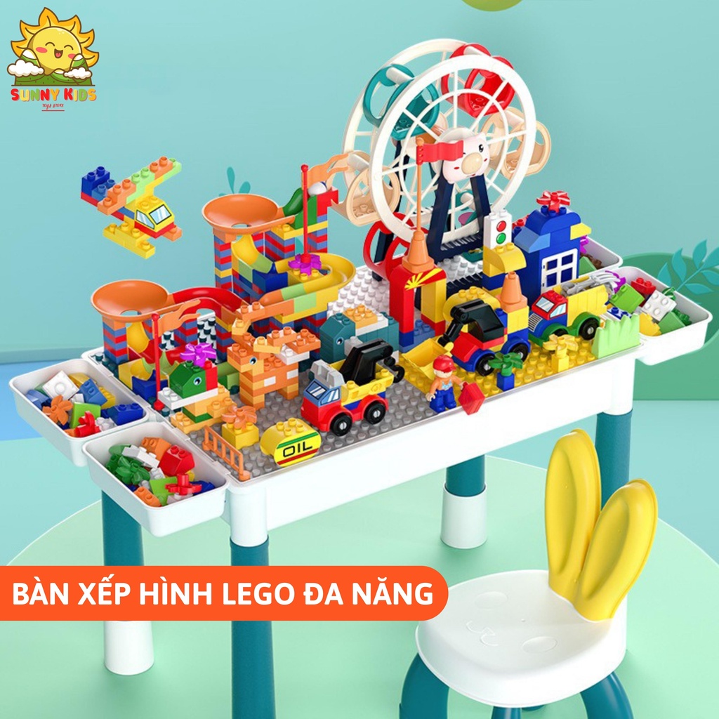 Bộ bàn xếp hình lego đa năng tặng kèm ghế tai thỏ, kích thước bàn lớn, đồ chơi lego thông minh cho bé - Sunny Kids