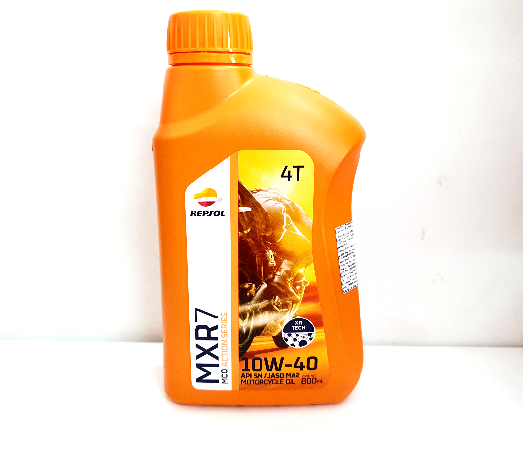 Nhớt xe số,xe moto Repsol MXR7 10w40 800ML sản xuất tại Repsol Indonesia.