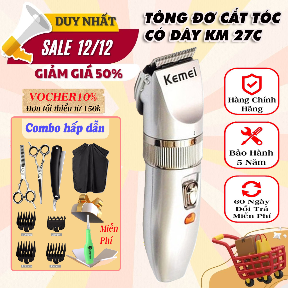 Tông đơ cắt tóc loại tốt chính hãng kemei, Tông đơ cắt tóc, hớt tóc gia đình, trẻ em, không dây, chuyên nghiệp Kemei, tong do cat toc lưỡi sắc bén, pin khỏe
