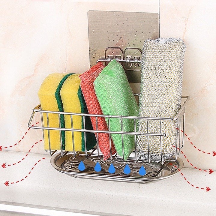 Kệ/giỏ đựng miếng rửa chén bát inox dán tường Siêu Chắc, có khay hứng nước