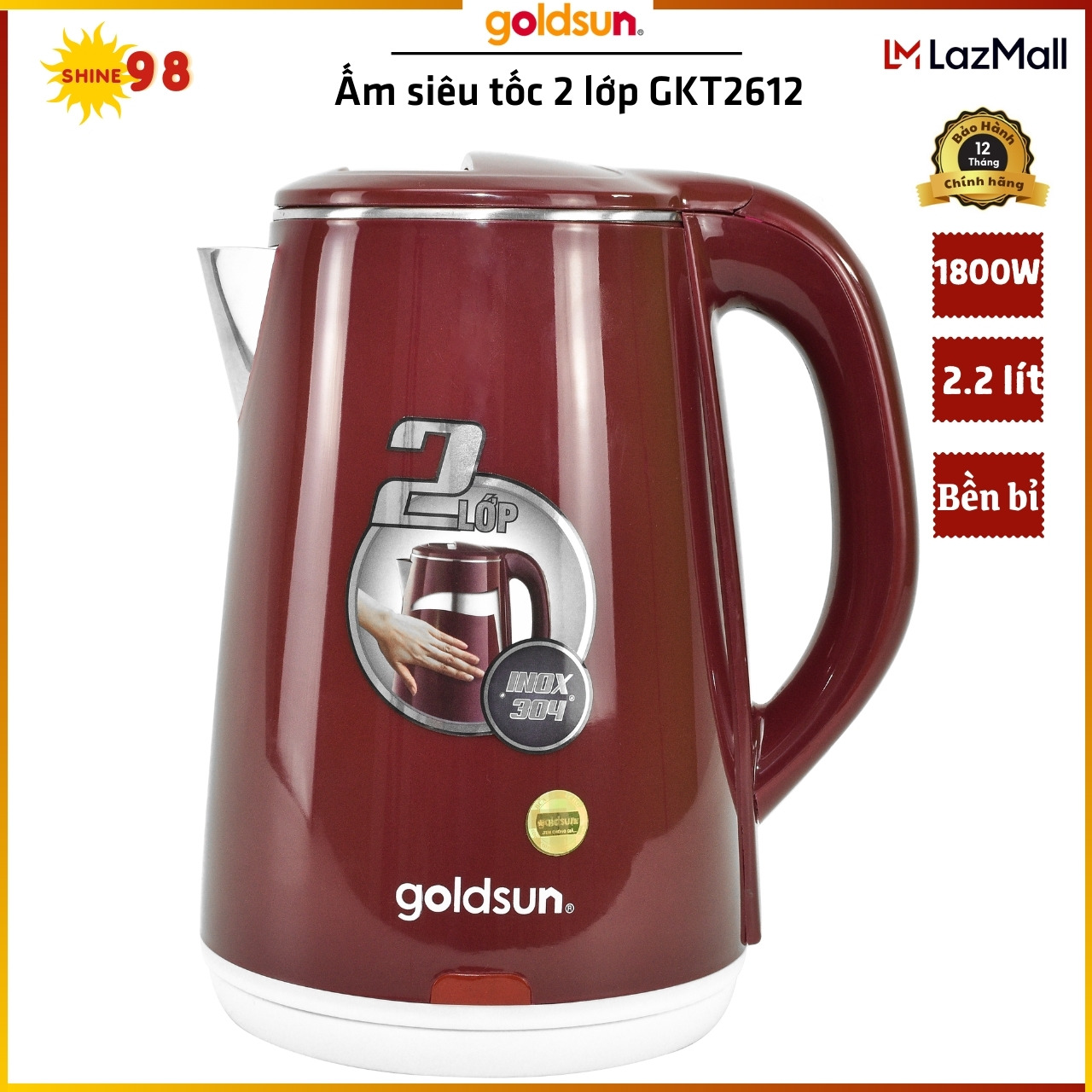 Ấm siêu tốc 2 lớp goldsun gkt2612 - 1800w - bình đun siêu tốc dung tích 2.2l - inox 304 an toàn tại shine 98