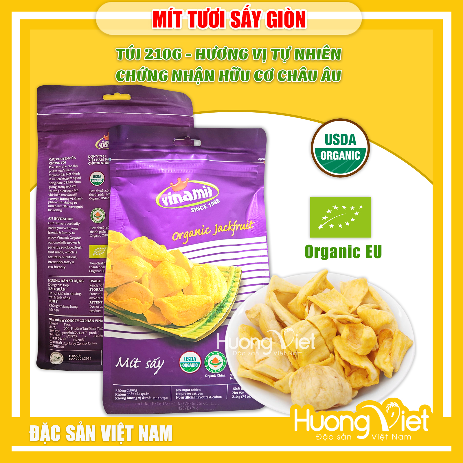 Mít sấy giòn nguyên cánh loại ngon, mít sấy VINAMIT túi zip 210g, đặc sản trái cây sấy Việt Nam, đồ ăn vặt