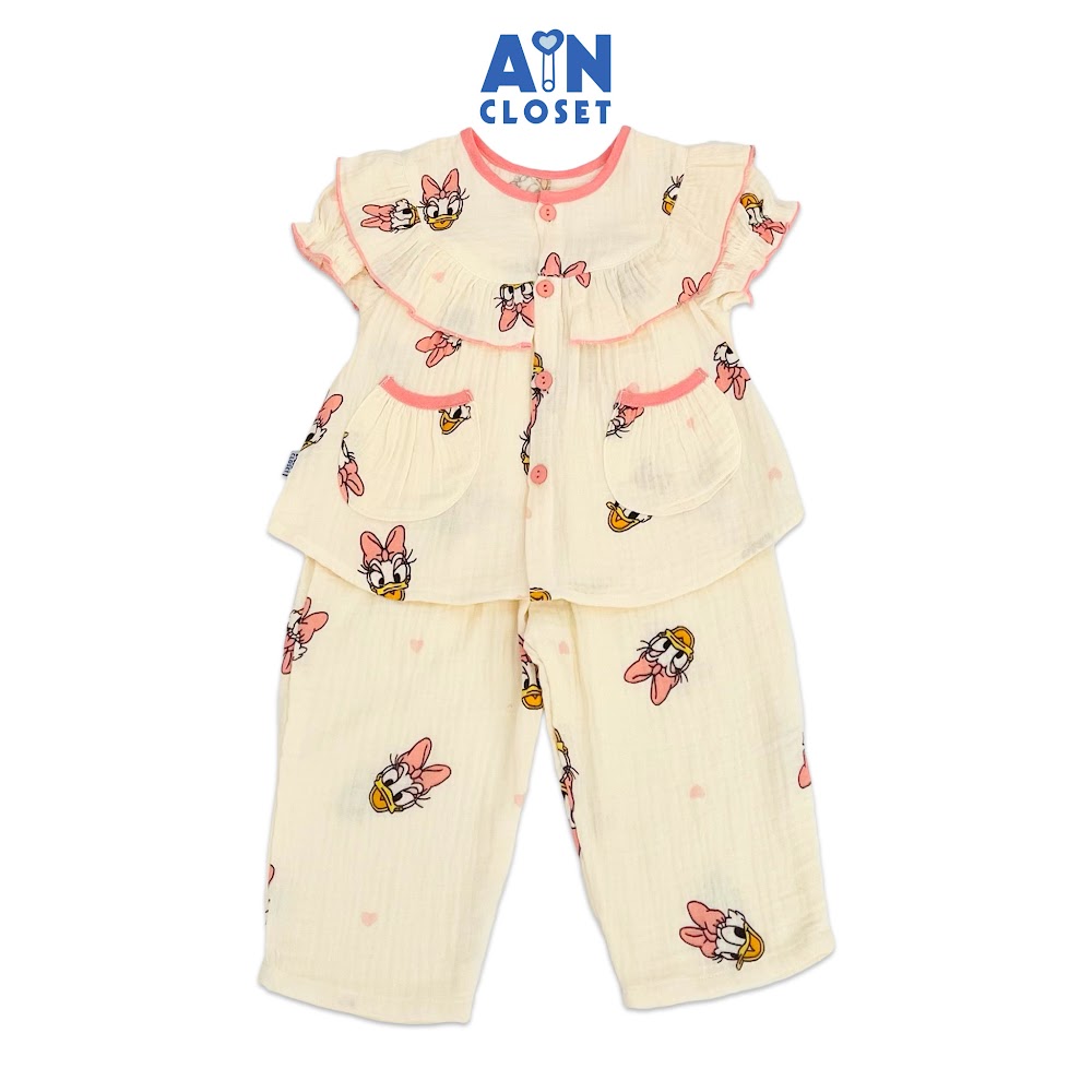 Bộ quần áo dài tay ngắn bé gái họa tiết vịt daisy hồng xô muslin - aicdbgk59gnh - ain closet