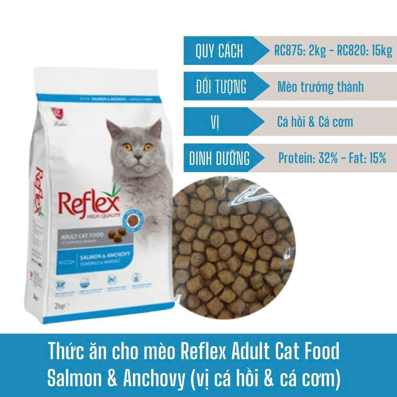 Thức ăn hạt Reflex mèo lớn vị cá hồi & cá cơm 2kg