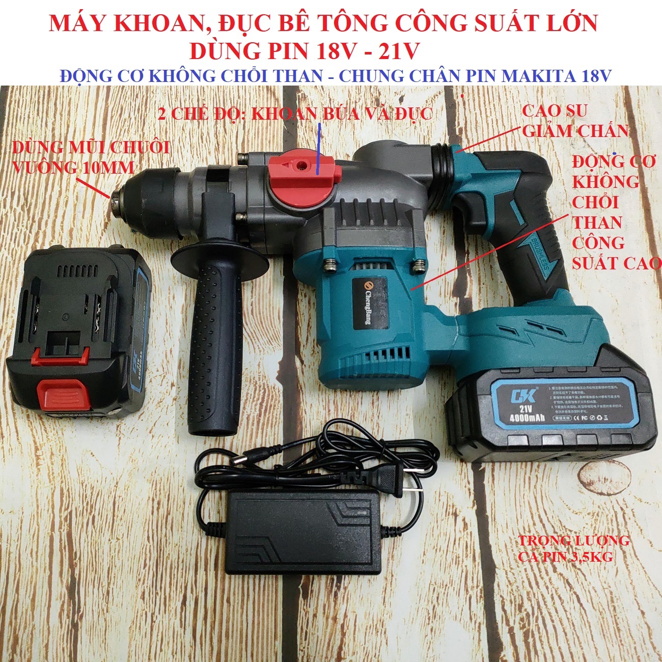 SV Máy khoan bê tông công suất cao dùng pin 18V - 21V (chân pin Makita)