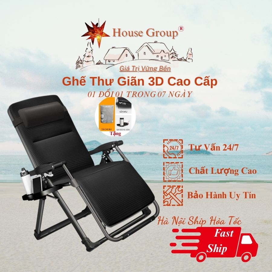 Ghế Xếp Thư Giãn 5 Chiều Ngả Thành Giường Vải Polyeste Thoáng Nhẹ Siêu Bền,Tặng Nệm và Giá Để Cốc