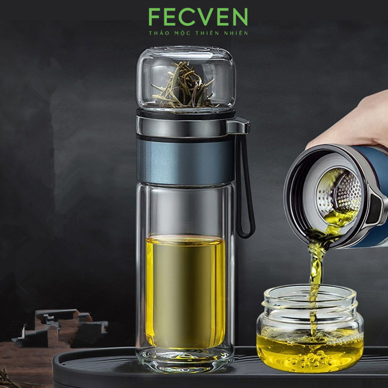 Bình thủy tinh pha trà 2 lớp có lõi lọc, quai xách silicon bền bỉ, dung tích 420ml fecven