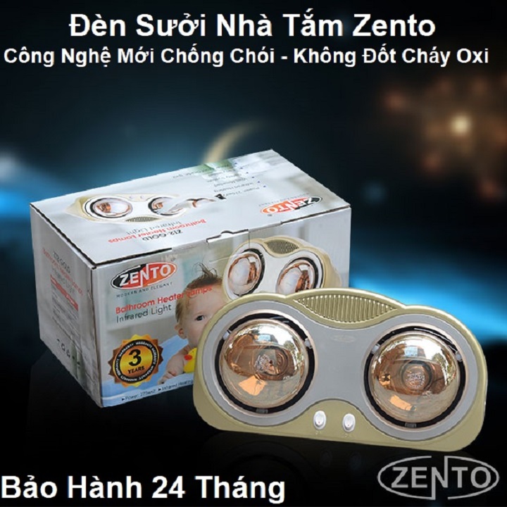 Đèn Sưởi Nhà Tắm, 2 Bóng Hãng Zento ZT2-GOLD - Chống Lóa, Đèn Làm Ấm Nhà Tắm ZenTo - Bảo Hành 24 Tháng - Toàn Quốc