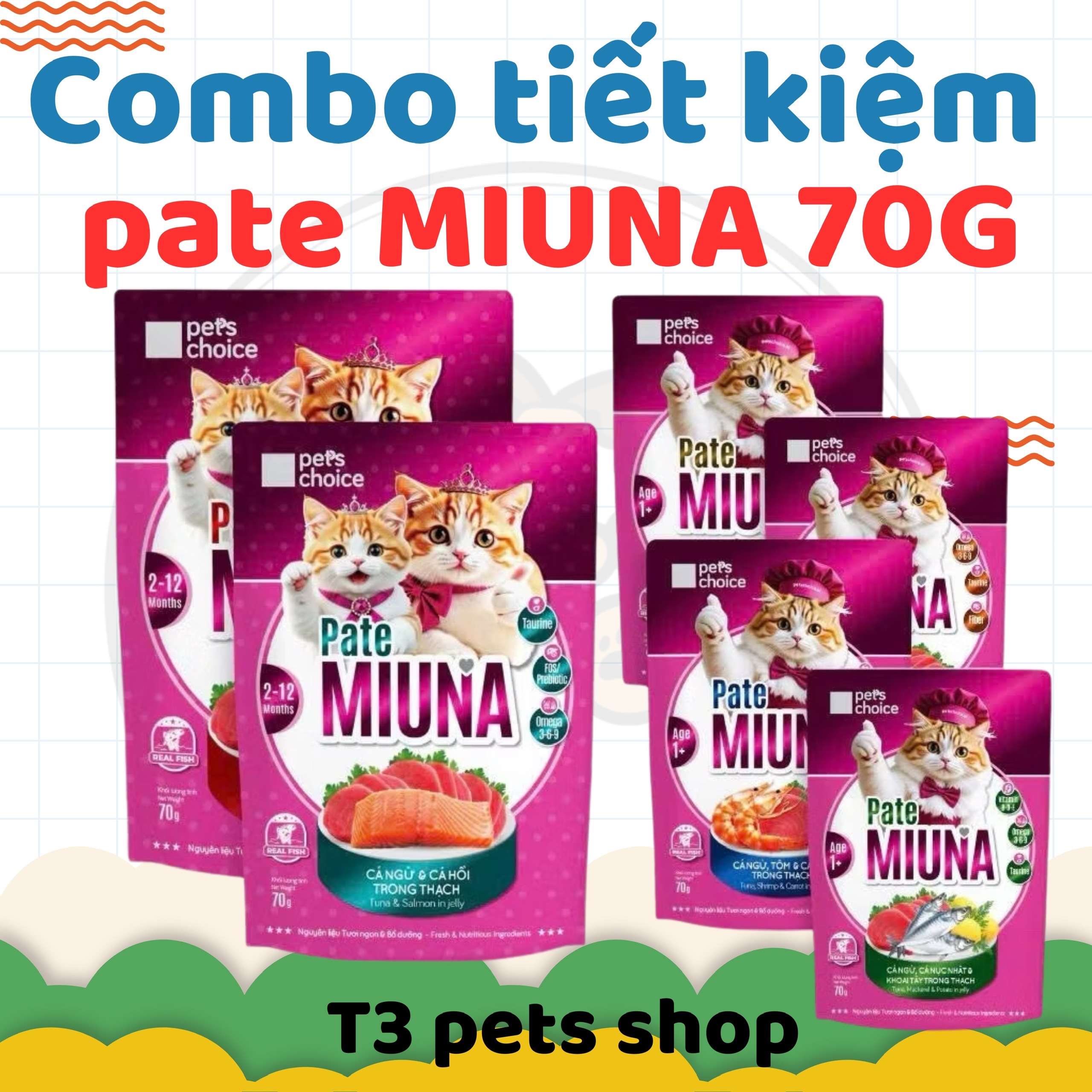 combo tiết kiệm 12 gói - 24 gói Pate Miuna 70gr cá ngừ dạng thạch dành cho mèo trưởng thành và mèo con - T3 PETS SHOP