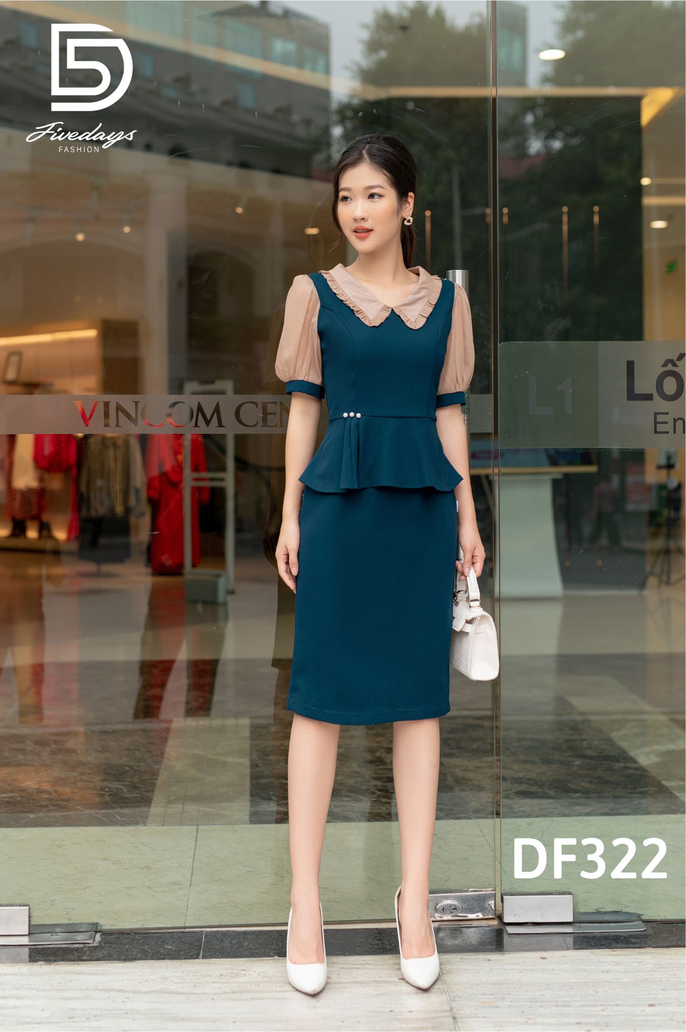 Fivedays - Đầm Peplum cổ sen bèo đính cúc ngọc eo
