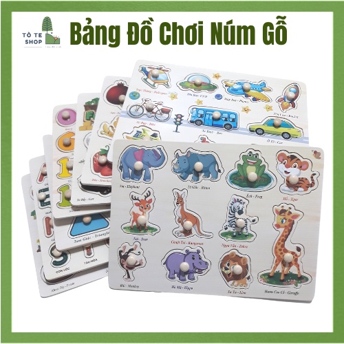 Bảng núm gỗ cho bé, bảng gỗ song ngữ Anh Việt nhiều chủ đề, bảng núm gỗ chữ cái, ô tô, động vật, hoa quả, bảng núm gỗ học tiếng Anh
