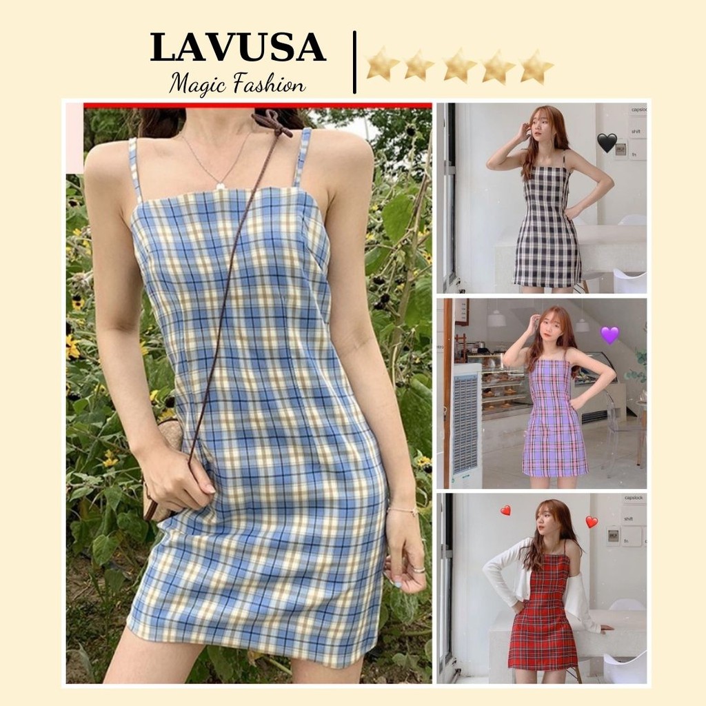 Váy hai dây kẻ caro ulzzang đầm kẻ hai dây caro nhiều màu lavusa