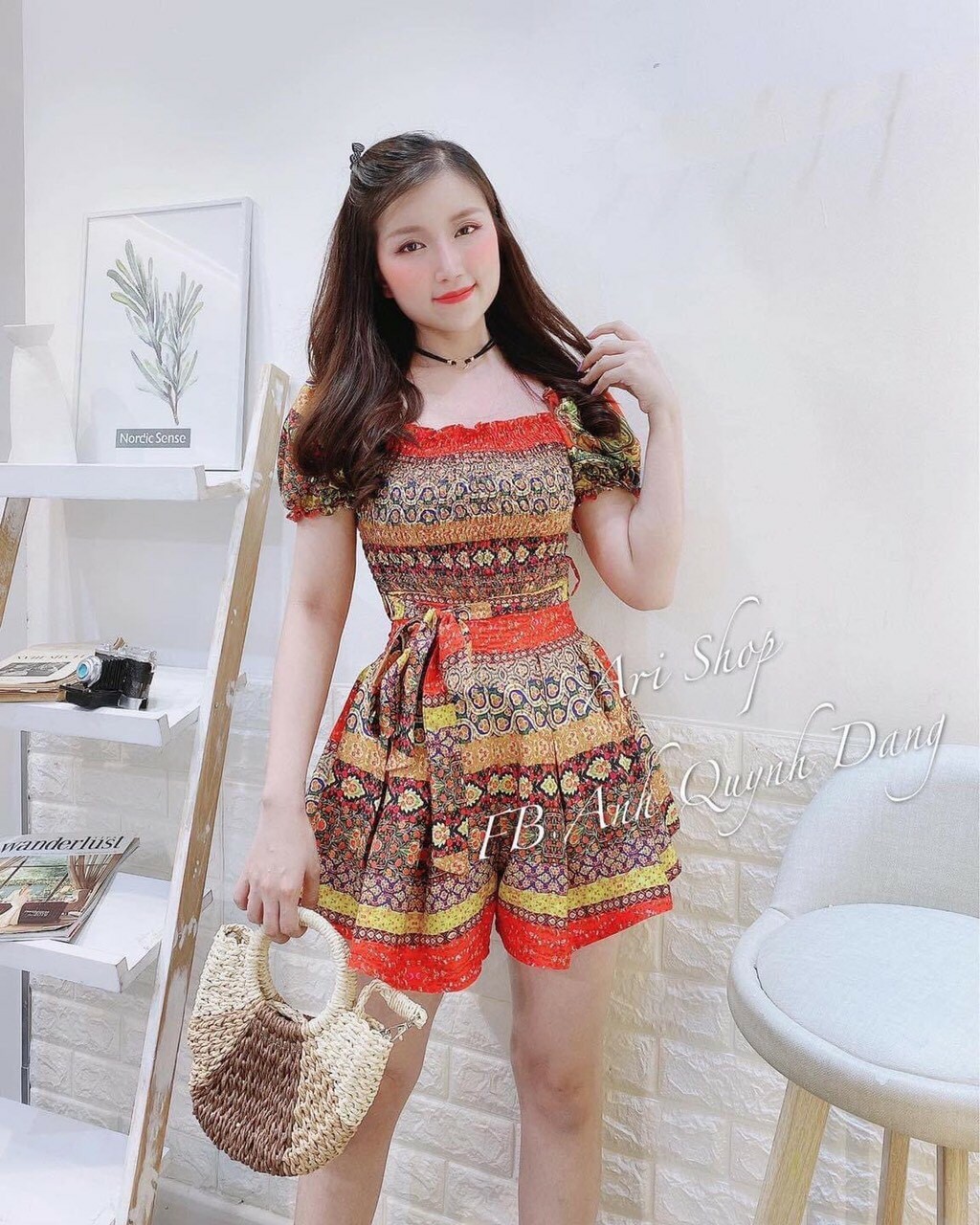 Jum đùi nữ họa tiết thổ cẩm tay búp cột nơ eo