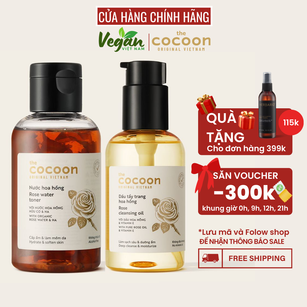 Dầu tẩy trang hoa hồng cocoon 140ml + Nước hoa hồng cocoon 140ml làm sạch dưỡng ẩm da - Vegan Việt Nam