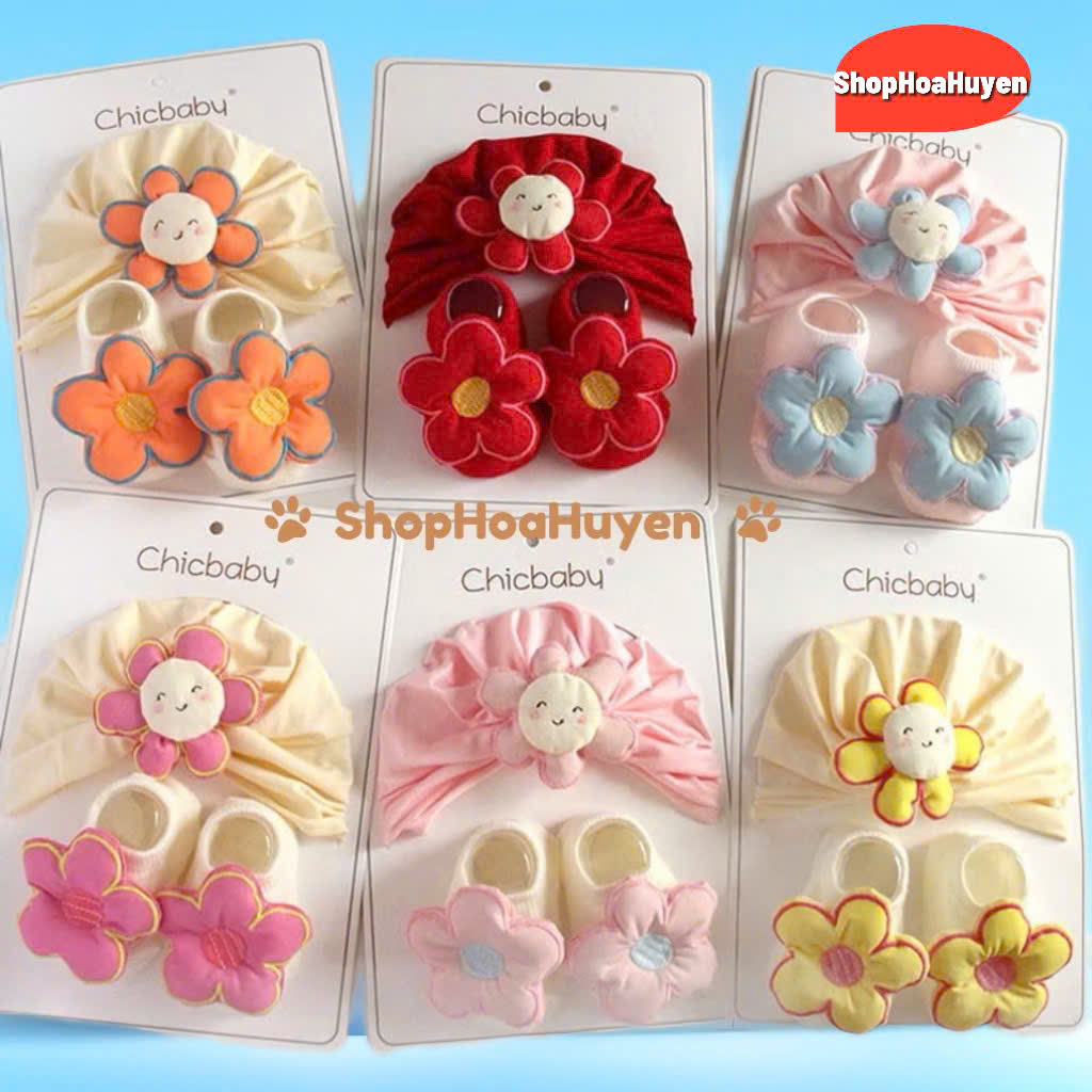 Sét mũ Turban và tất ngắn cho bé gái sơ sinh nhiều mẫu chọn lựa phù hợp cho cả bé trai và bé gái 0-12 tháng thích hợp mặc đầy tháng thôi nôi siêu xinh