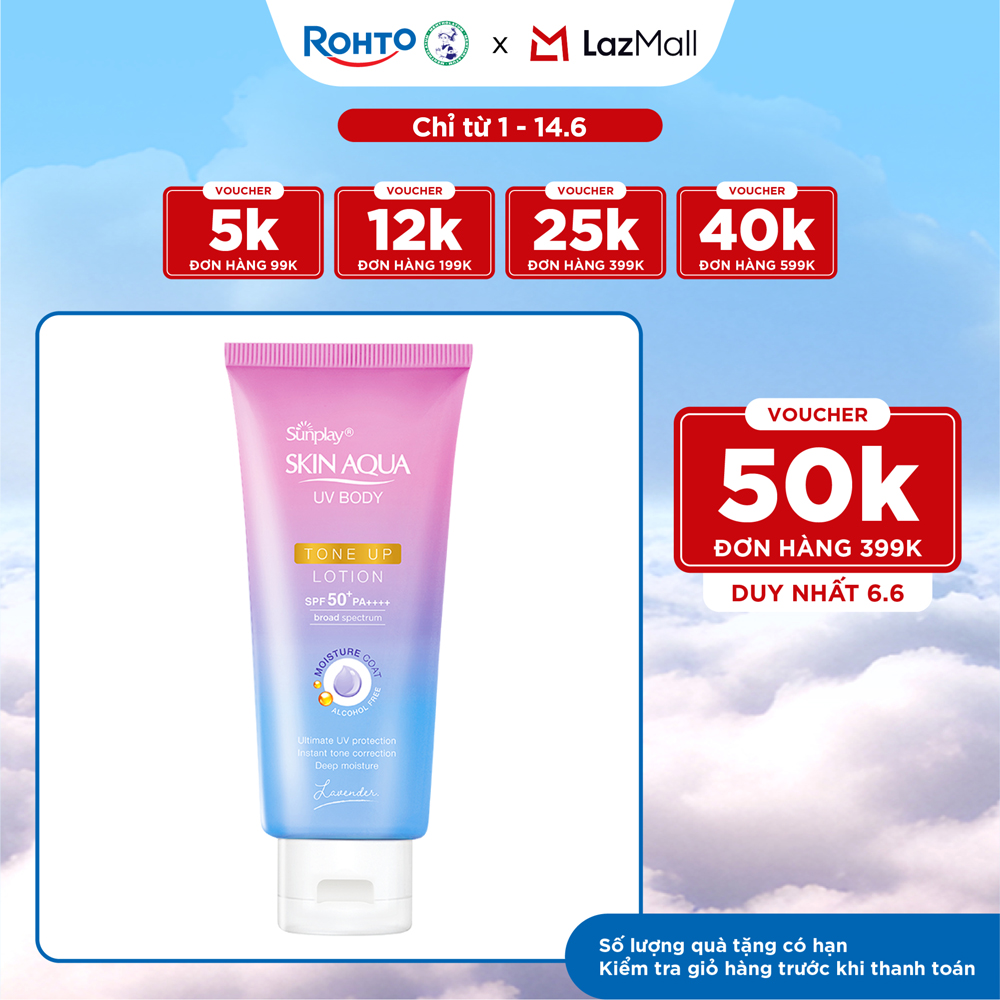 Kem chống nắng nâng tông body Skin Aqua dưỡng thể sáng mịn Sunplay Skin Aqua UV Body Tone up Lavender Lotion SPF 50+ PA++++ 130g