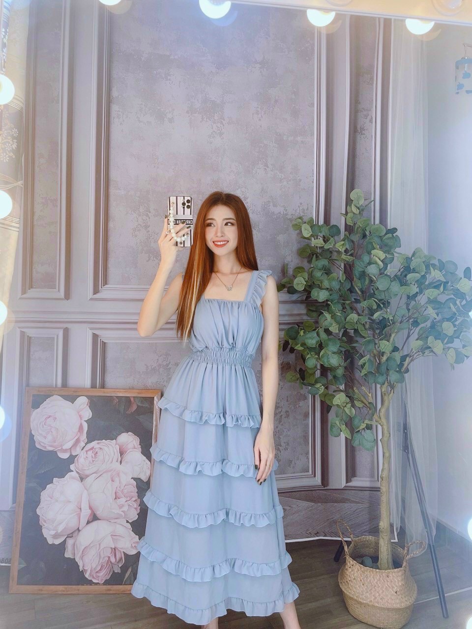 Đầm voan tay cánh tiên cổ vuông dáng xòe phối bèo cực xinh m64