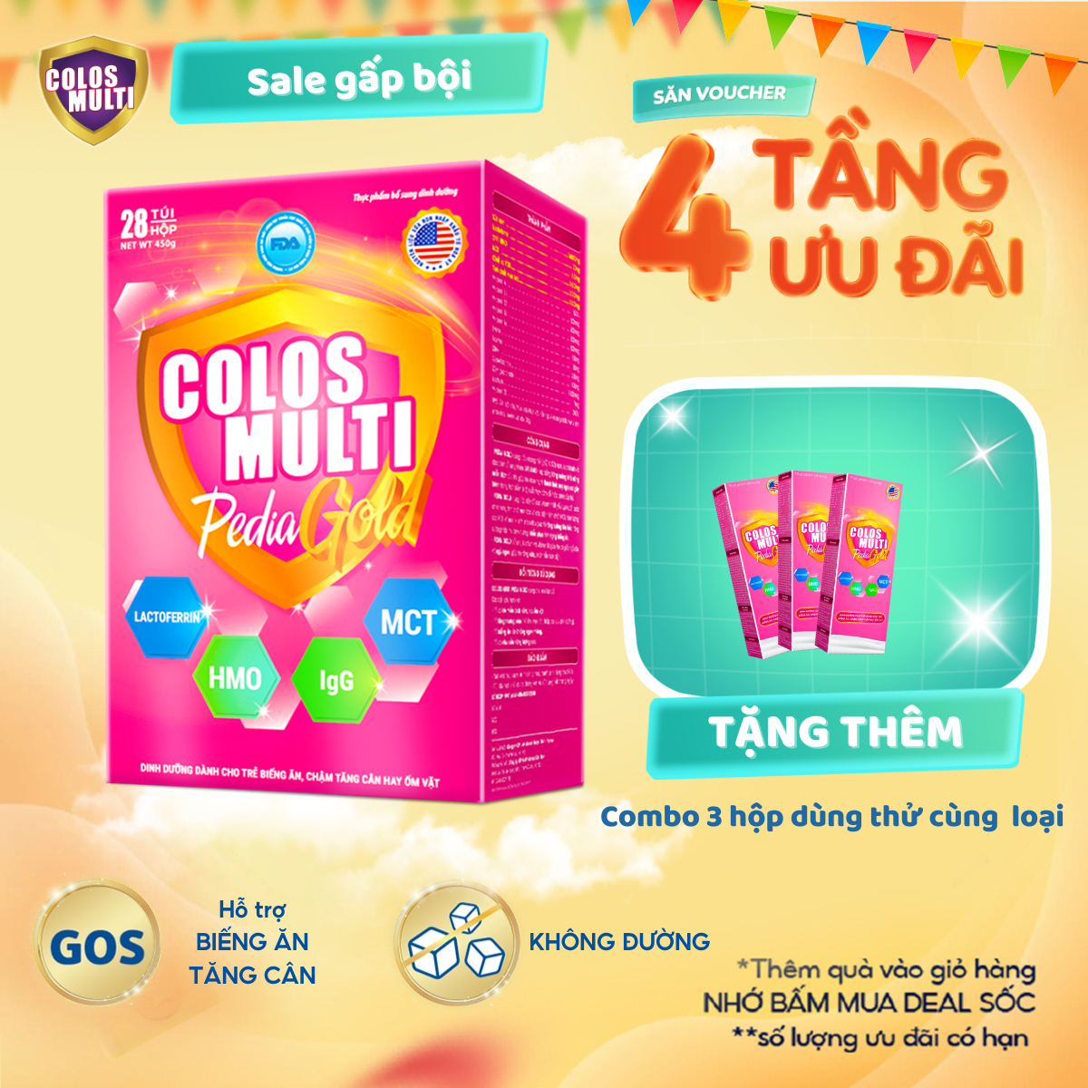 Colosmulti Pedia Gold dành cho biếng ăn, chậm lên cân (hộp 28 gói x 16g)