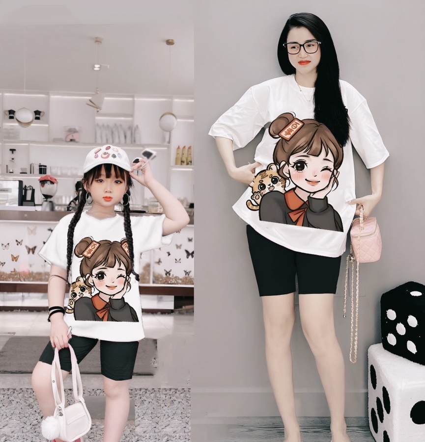 Bộ cộc tay bé gái chất cotton in hình cô gái búi tóc, đồ cho bé size đại