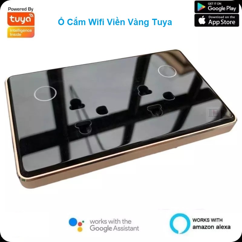 Ổ Cắm Wiffi Thông Minh Viền Vàng Tuya Âm Tường Chữ Nhật Hẹn Giờ Điều Khiển Từ Xa Qua App Ra Lệnh Bằng Giọng Nói