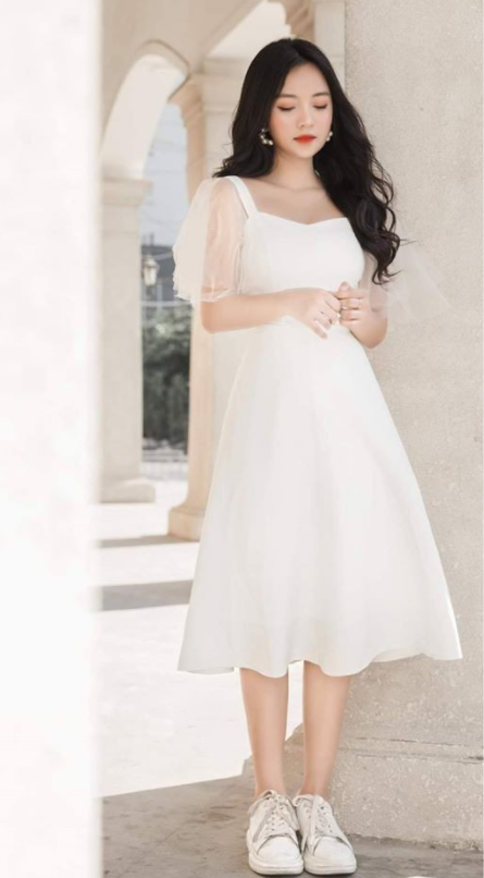 Đầm dự tiệc dáng xòe phối tay lưới siêu xinh