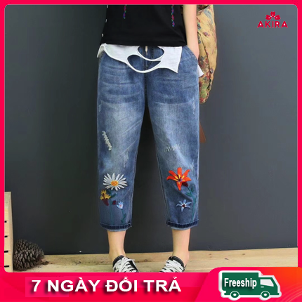 Quần jean baggy nữ thêu hoa cúc lưng thun 7 tất eo co giãn mặc rất thoải mái cho người từ 45-90kg Akira Store