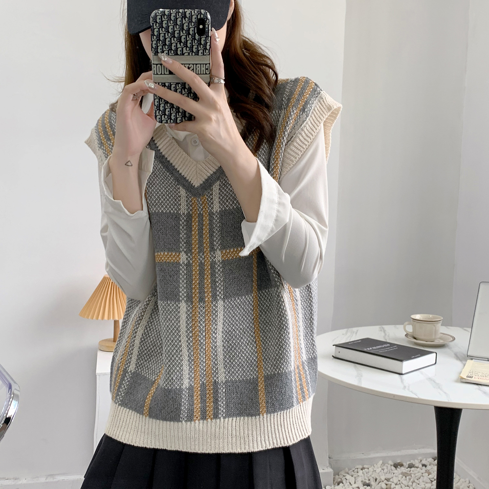 Áo gile len dệt kim cổ v form rộng họa tiết kể sọc chất len dày đẹp