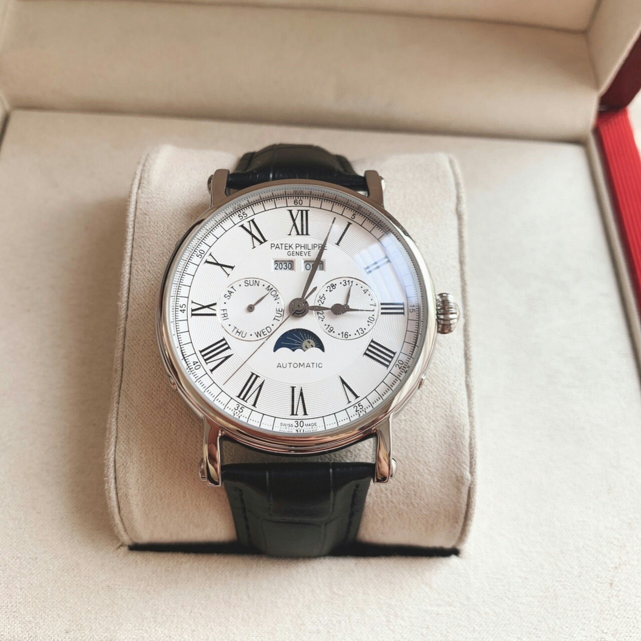 [ PHỐ ĐỒNG HỒ GIÁ SỈ ] Đồng hồ Nam Patek 5 Kim máy nhật, mặt trắng viền vàng, dòng cơ Automatic size 42mm