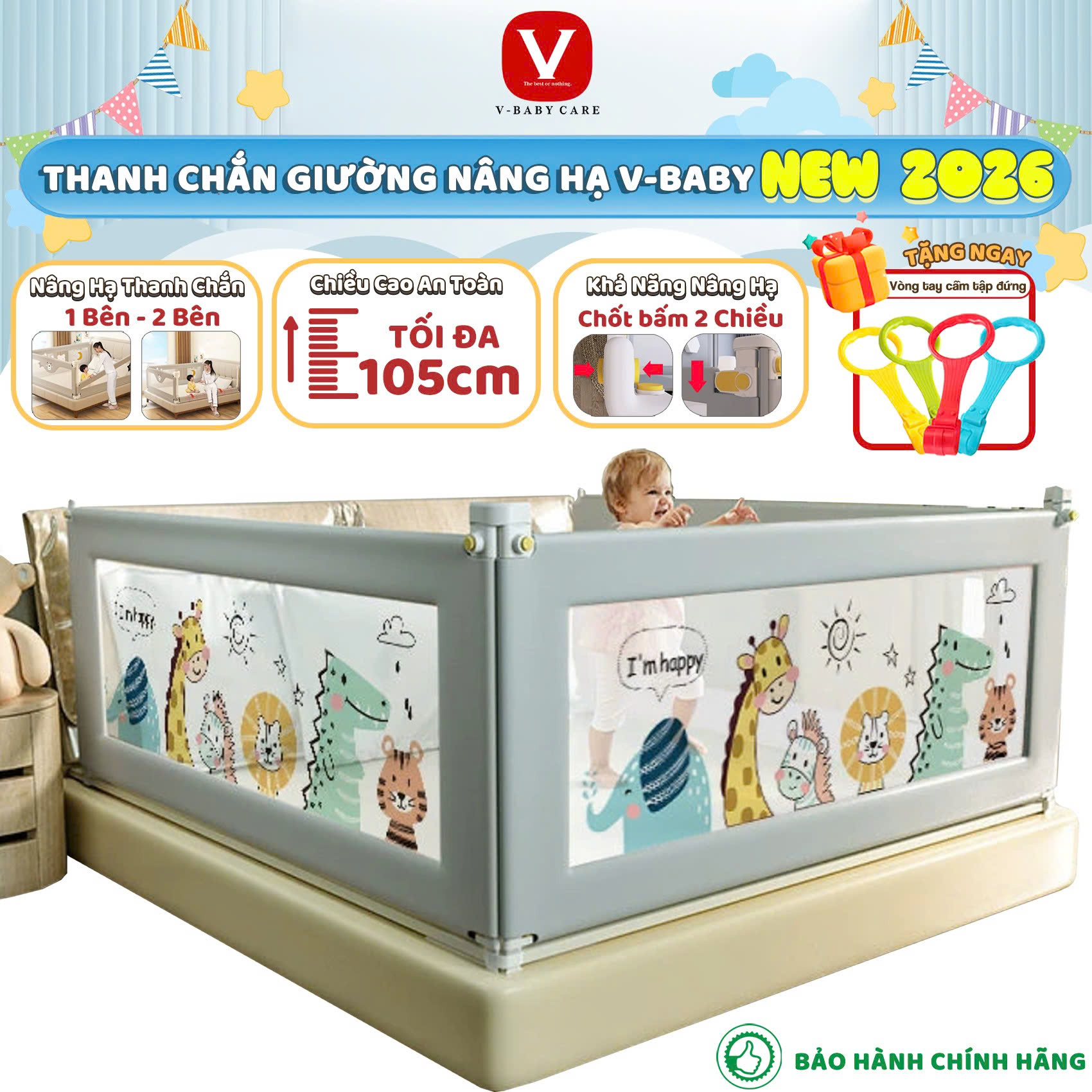 Thanh Chắn Giường V-BABY N002 - N1 Nâng Hạ 1 & 2 Bên Khung Nâng Cấp - 1 Thanh Chắn 1 Mặt