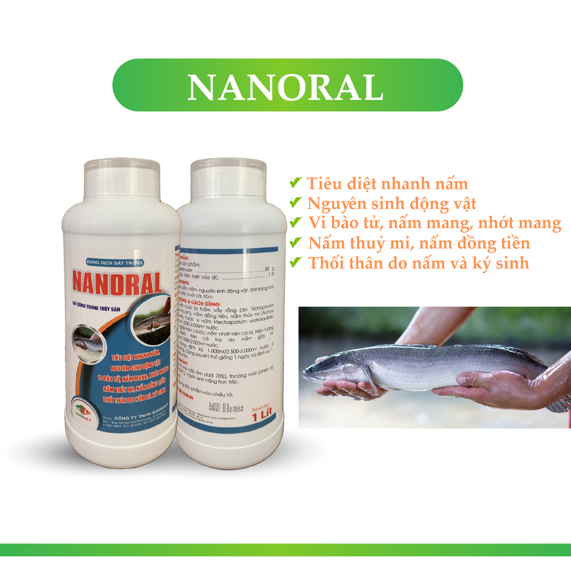 Nano ral chai 1000 ml diệt khuẩn vi nấm chăn nuôi cá , tôm , nấm thuỷ mi , nấm đồng tiền , nấm do ngoại ký sinh trên cá