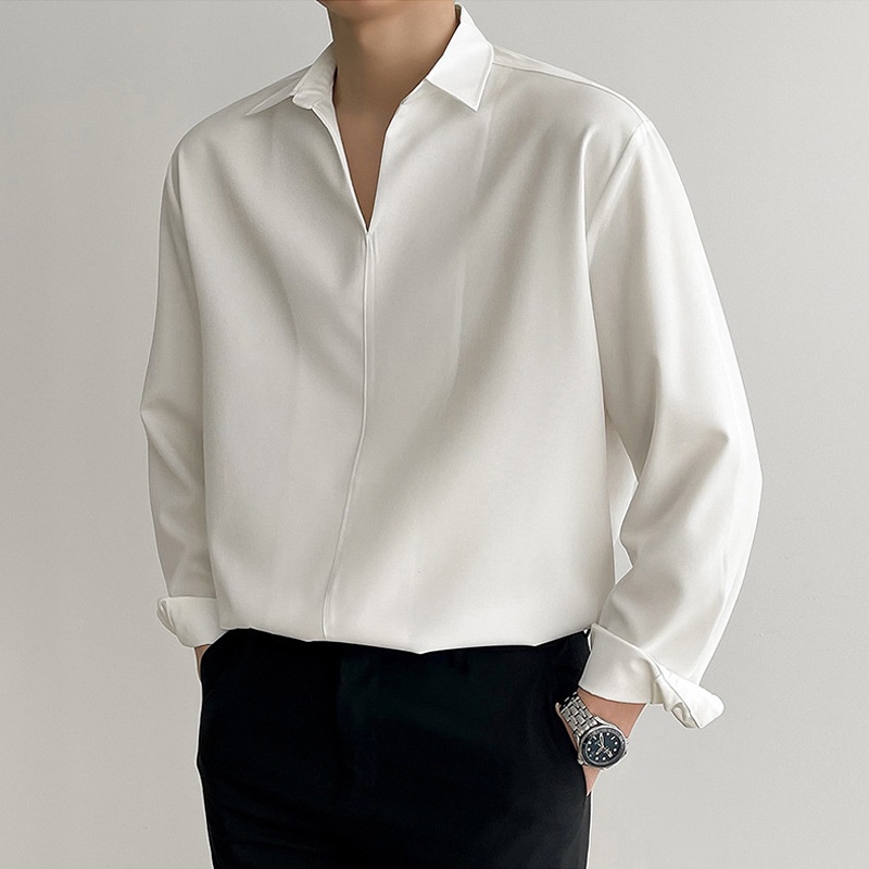 Áo sơ mi nam form rộng giấu cúc cổ V kiểu Hàn Quốc dài tay unisex, Áo sơ mi trắng vải lụa chống nhăn VINTINO SMV