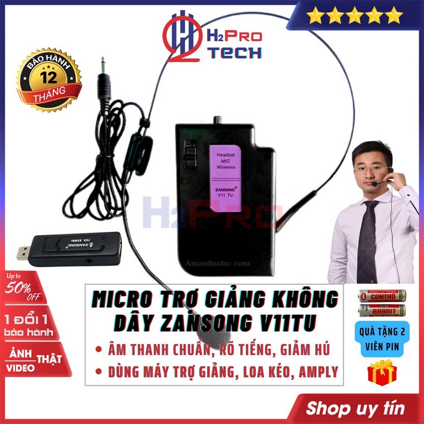 Micro trợ giảng không dây, Micro Đeo Tai Zansong V11TU cao cấp, thu sóng xa 80m( bộ quà tặng 40k gồm jack 3.5 ra 6ly và đôi pin )-H2pro Tech