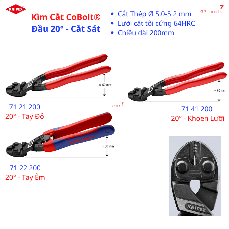 Kìm cắt knipex cobolt® đầu nghiêng 20° để cắt sát chân thép đến ø 5.2 mm mã 71 21 200/ 71 22 200 & kìm 71 41 200 lưỡi khoen