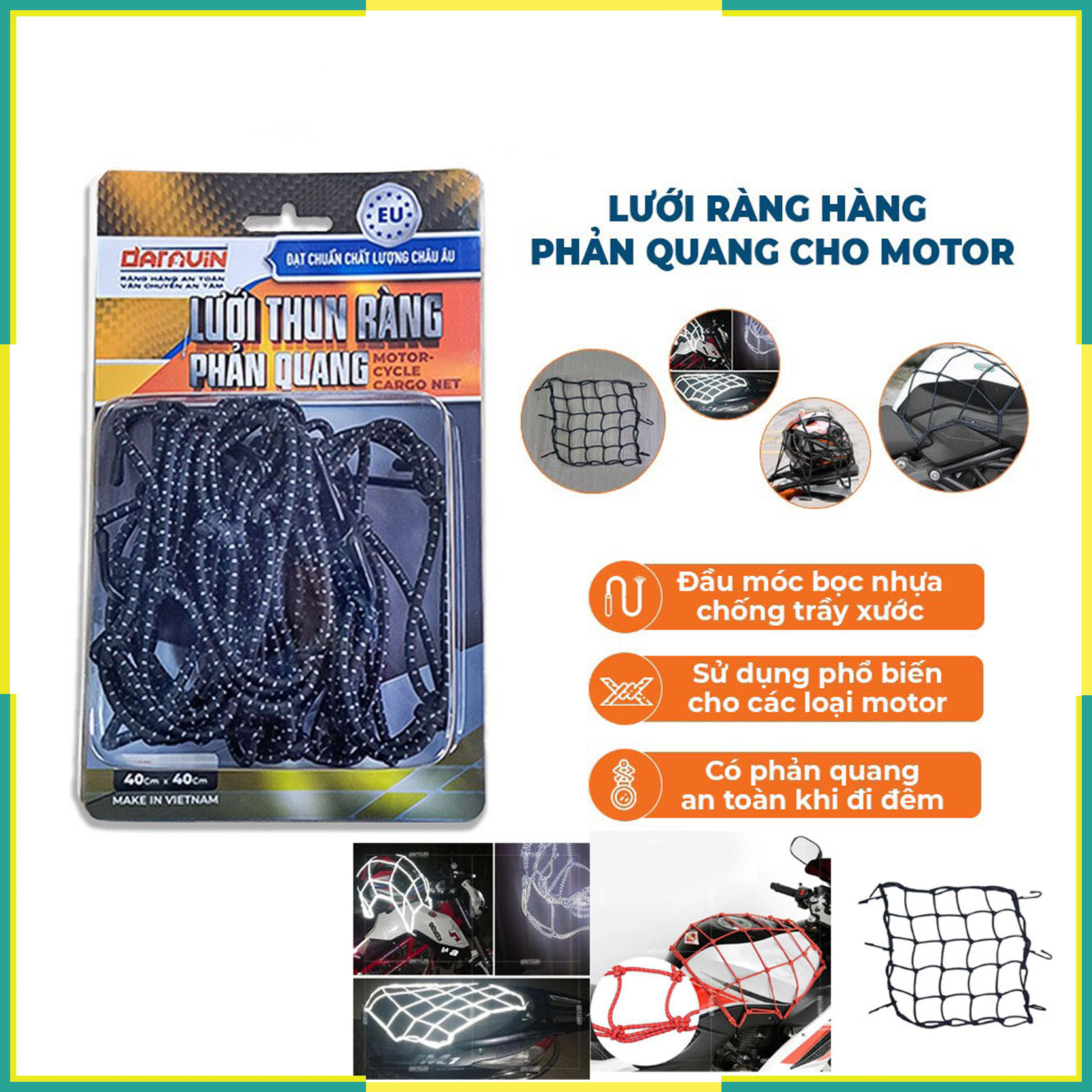 Lưới thun ràng hàng daravin cho xe máy phản quang 100% sợi polyester bền bỉ 40x40cm