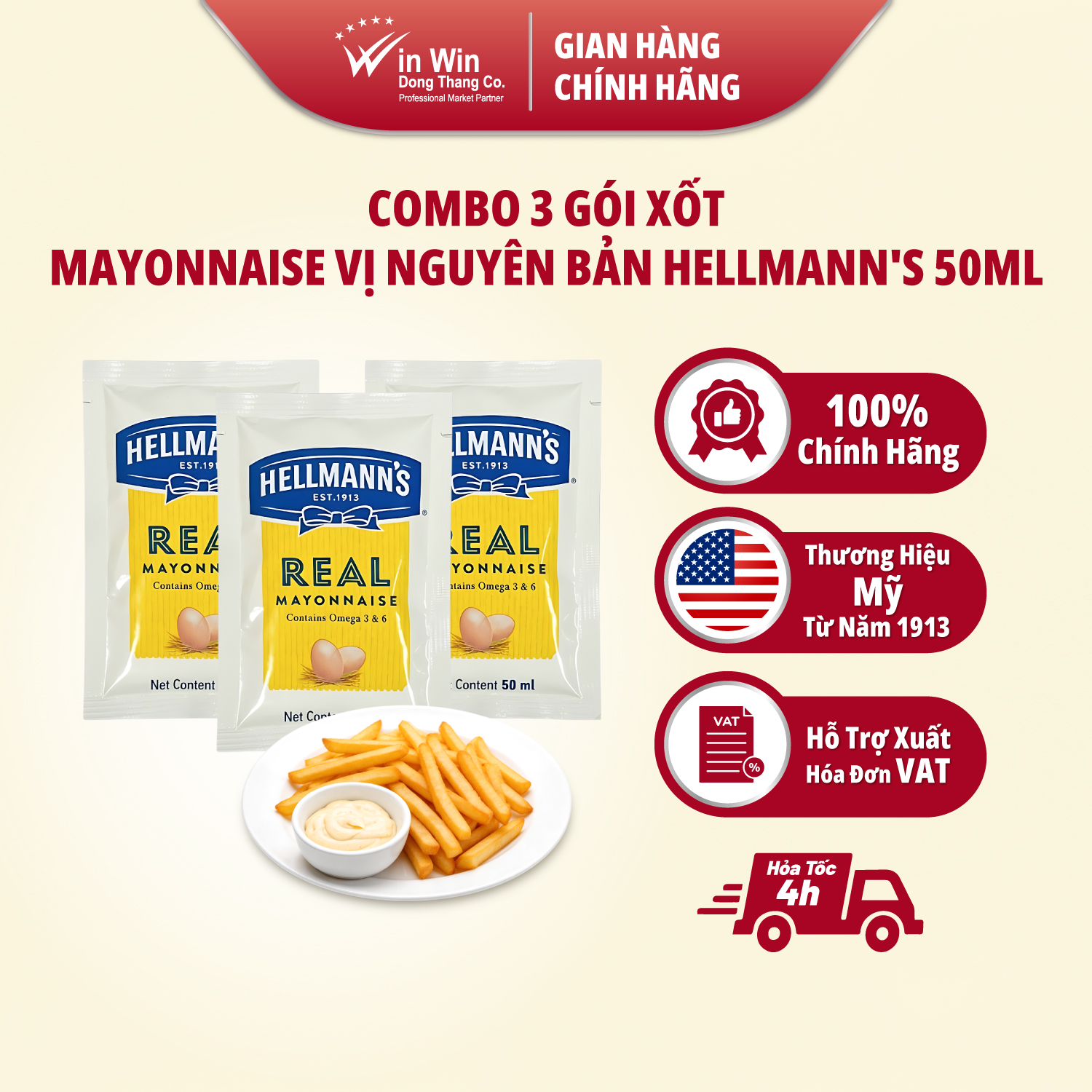 COMBO 3 Gói Xốt Mayonnaise Vị Nguyên Bản Hellmann’s 50ml - Thương Hiệu Mỹ, SX Thái Lan | Hellmann’s Real Mayonnaise 50ml